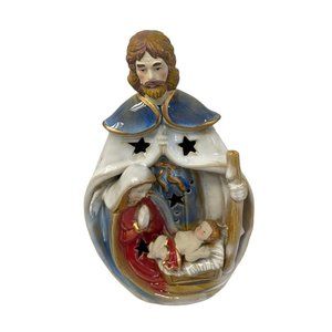 Votive‎ Nativity Clay Ceramic Light Joseph Mary Jesus Teal Light Figure Glazed 9